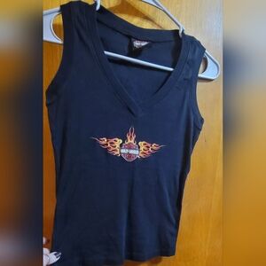 Harley-Davidson Black V-Neck Tank with Orange and Yellow Flame Logo
